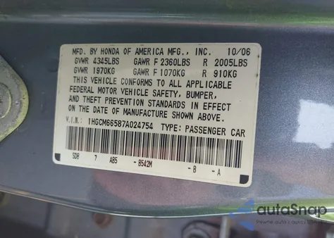 2007 Honda Accord 3.0 Ex from USA, damaged, VIN 1HGCM66587A024754